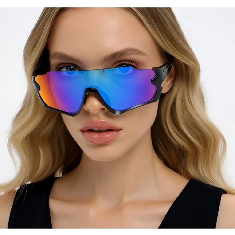 Black Shield Sunglasses Iridescent Blue Mirror Lens UV400 Sport Women Shades New